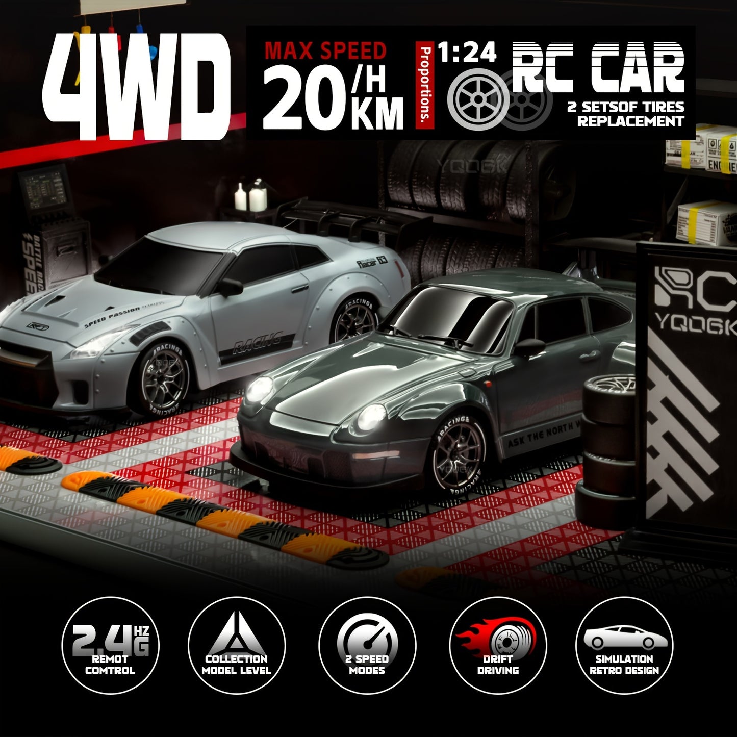 Remote Control Drift Car – 2.4GHz 4WD with LED Lights, Tires & Obstacle Tools | High-Speed RC Car for Kids | Ideal Gift for Birthday, Halloween & Christmas