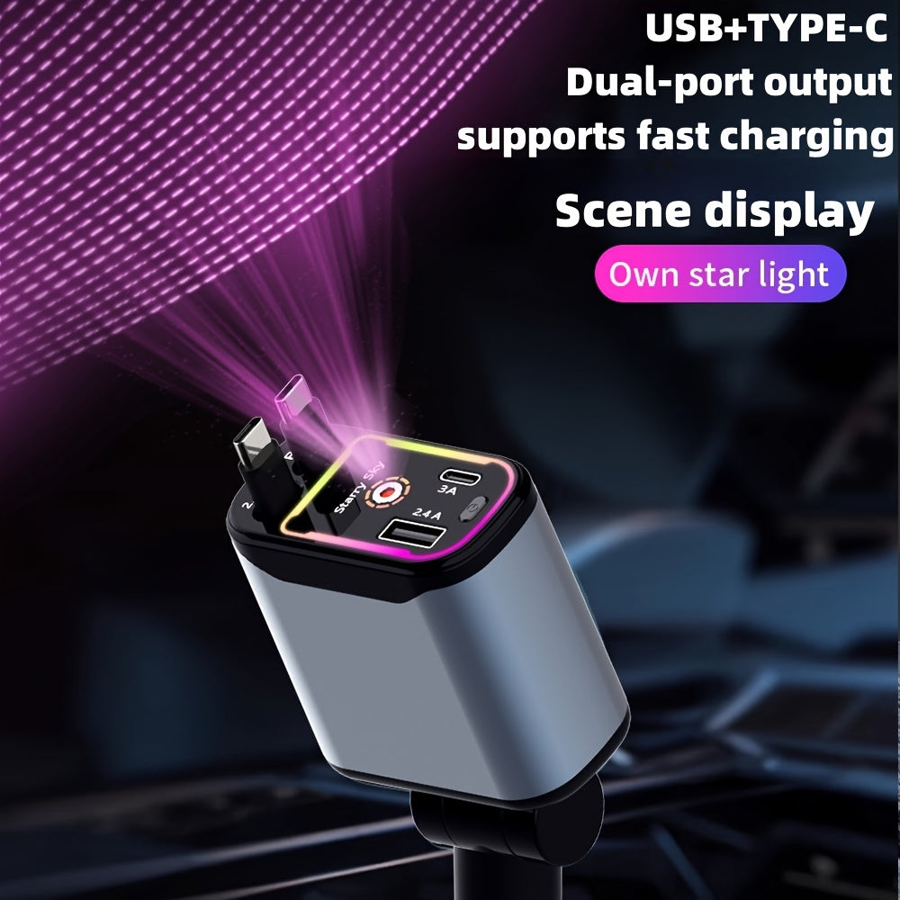 Starlight 66W Retractable Car Charger, 4-in-1 USB-C Fast Car Charger Adapter with Dual USB Ports for iPhone & Android, Gray