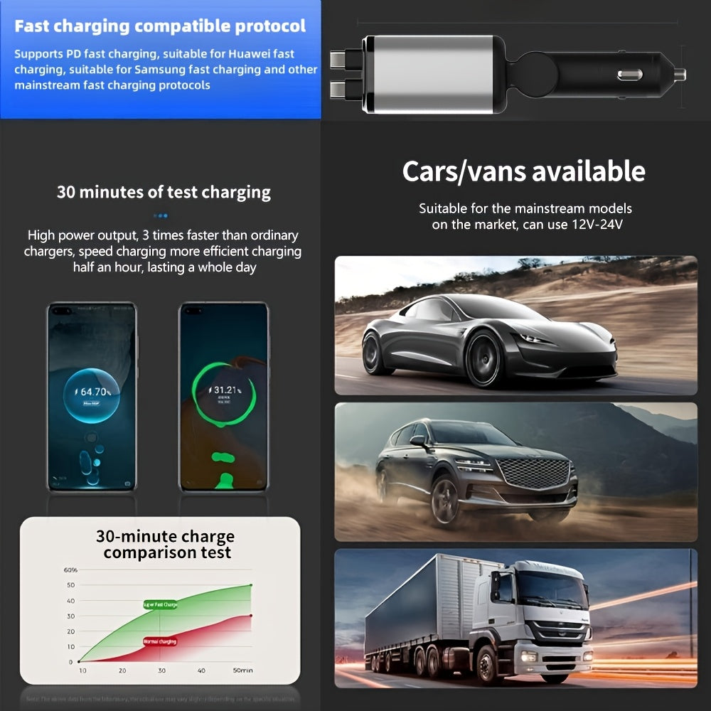 Starlight 66W Retractable Car Charger, 4-in-1 USB-C Fast Car Charger Adapter with Dual USB Ports for iPhone & Android, Gray
