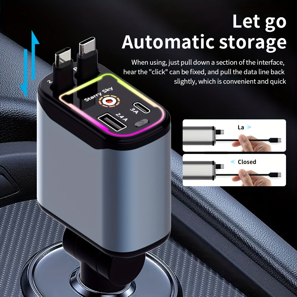 Starlight 66W Retractable Car Charger, 4-in-1 USB-C Fast Car Charger Adapter with Dual USB Ports for iPhone & Android, Gray