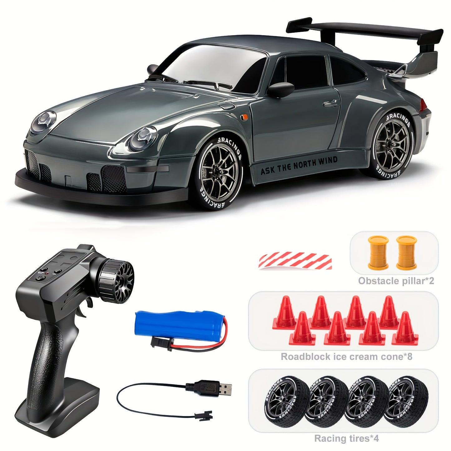 Remote Control Drift Car – 2.4GHz 4WD with LED Lights, Tires & Obstacle Tools | High-Speed RC Car for Kids | Ideal Gift for Birthday, Halloween & Christmas