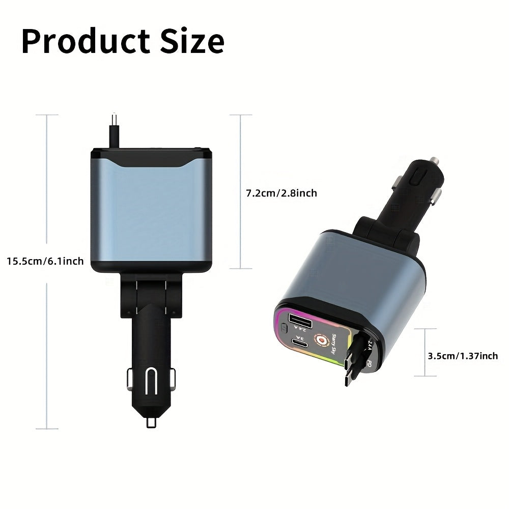 Starlight 66W Retractable Car Charger, 4-in-1 USB-C Fast Car Charger Adapter with Dual USB Ports for iPhone & Android, Gray