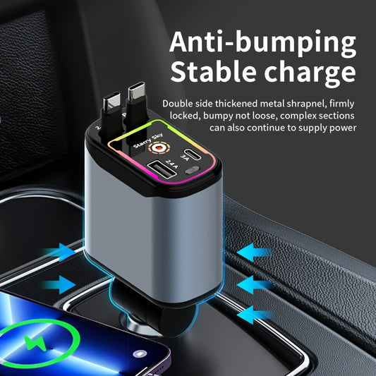 Starlight 66W Retractable Car Charger, 4-in-1 USB-C Fast Car Charger Adapter with Dual USB Ports for iPhone & Android, Gray