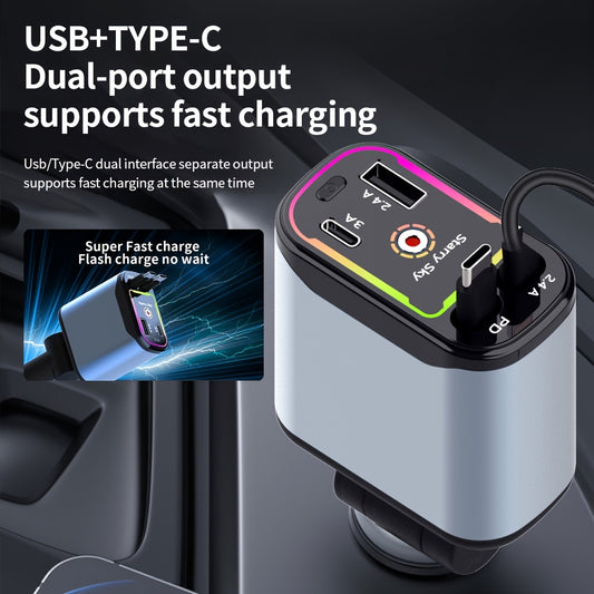 Starlight 66W Retractable Car Charger, 4-in-1 USB-C Fast Car Charger Adapter with Dual USB Ports for iPhone & Android, Gray