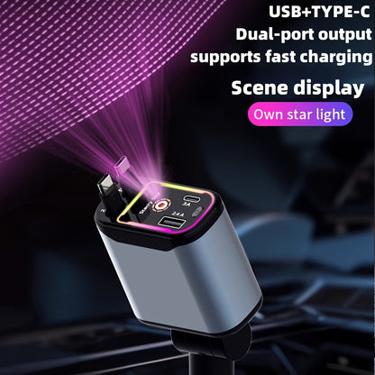 Starlight 66W Retractable Car Charger, 4-in-1 USB-C Fast Car Charger Adapter with Dual USB Ports for iPhone & Android, Gray